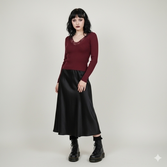 Divided Sweaters - H&M Divided V-Neck Ribbed Long Sleeve Burgundy Lace Sweater Size Xs Wimsigoth